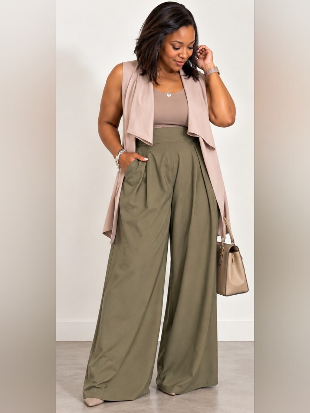 Mango USA Olive Green High Waist Wide Leg Pleated Pants